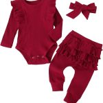 Fullfamous Baby Girl's 3pc Rib Frill Long Sleeve Romper and Pant Set